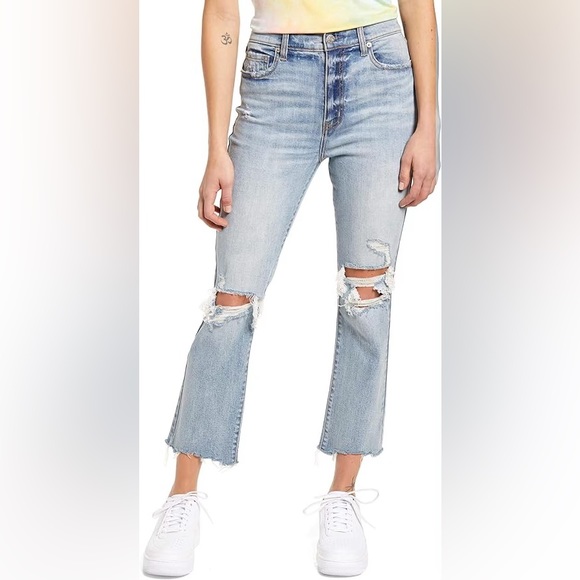 Women's Light Blue Distressed Flare Jeans - Picture 1 of 11